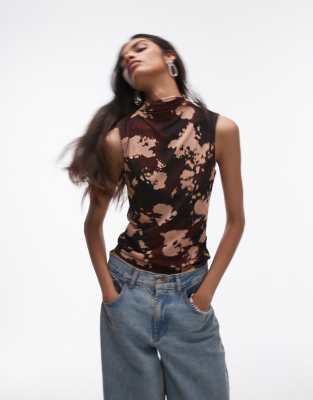 Mango – Röd, ärmlös topp i mesh med blandade mönster | ASOS