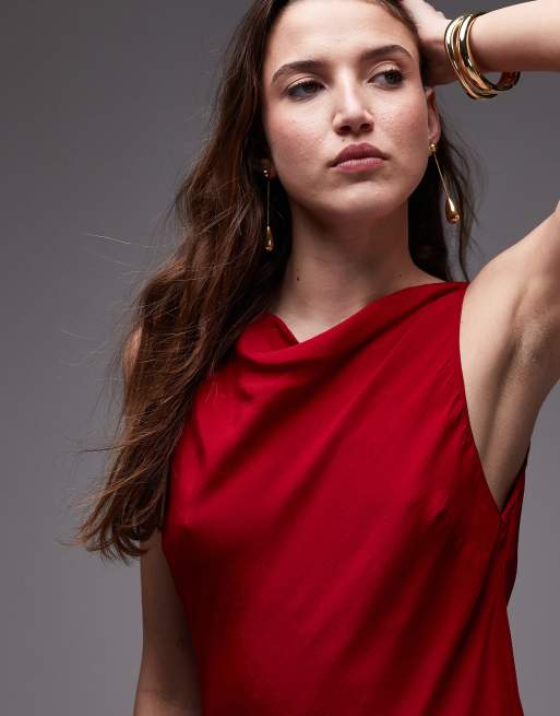Mango – Röd maxiklänning i satin med draperad ringning, 4 av 4