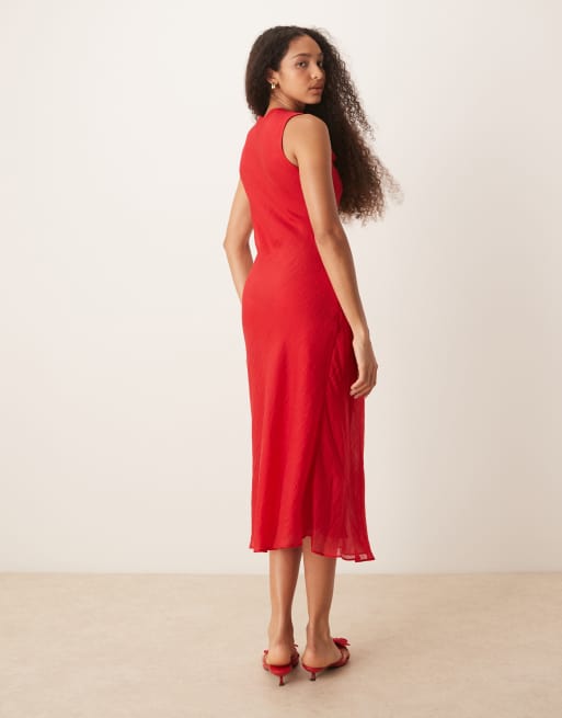 Mango – Röd midiklänning i satin med draperad ringning, 4 av 4