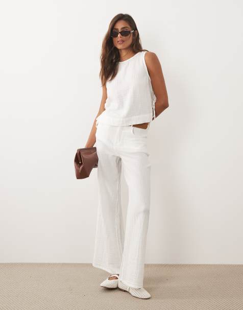 Mango Rodas 100% cotton textured pants in white - part of a set - view 1