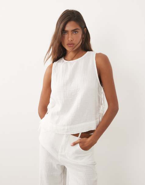 Mango - Rodas - Top d'ensemble sans manches en coton texturé - Blanc - view 1