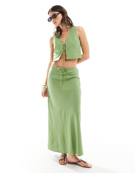 Mango - Rok van linnenmix in groen, deel van co-ord set - view 1