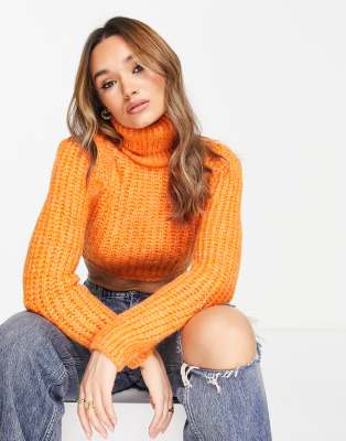 Mango Roll Neck Cropped Sweater In Orange