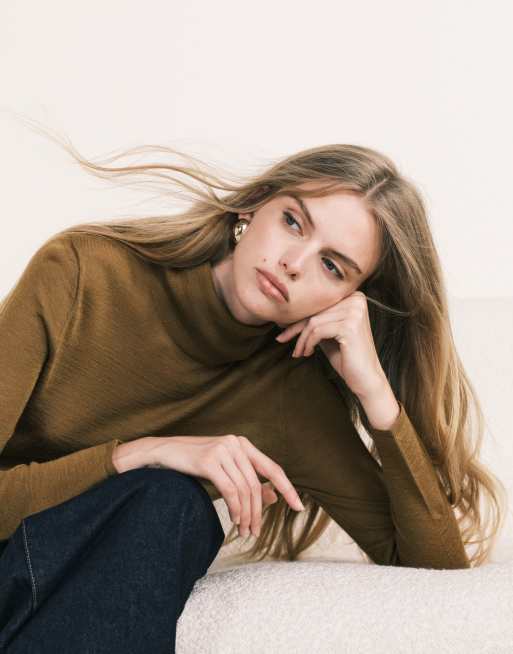 Mango roll neck fine jumper in tan, 2 of 5