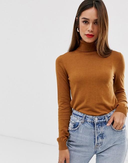 Mango roll neck fitted jumper in brown