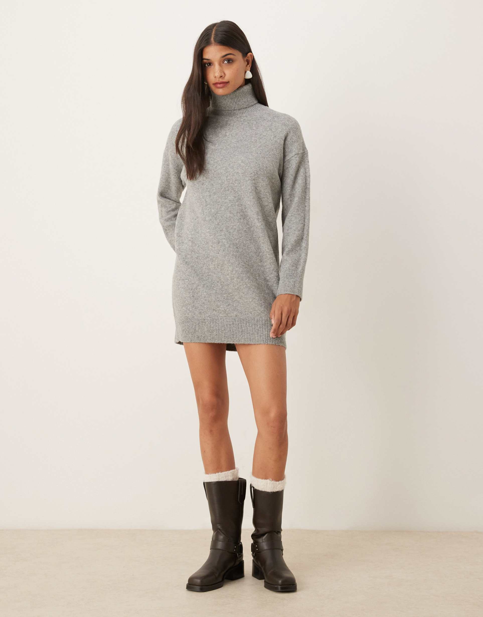 mango roll neck knit mini dress in light gray