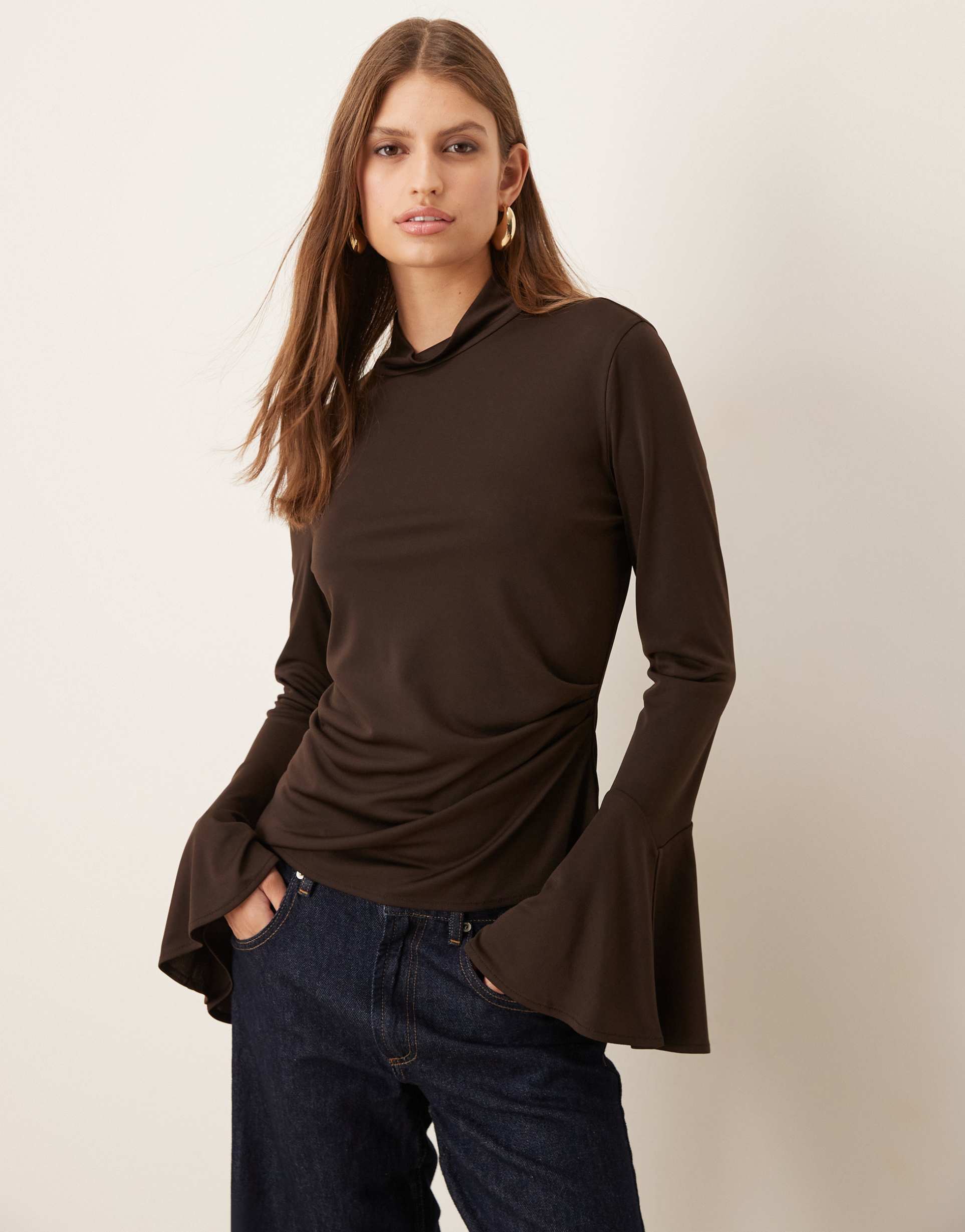 mango roll neck long sleeve top with flared sleeves in brown