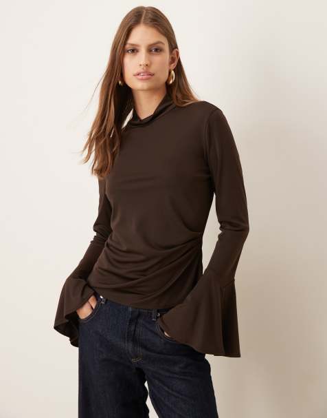 Mango roll neck long sleeve top with flared sleeves in brown