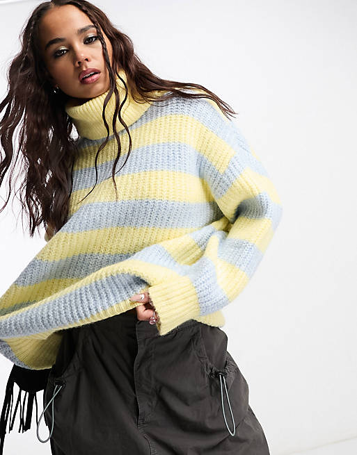 Mango roll neck oversized jumper in yellow and blue stripe | ASOS