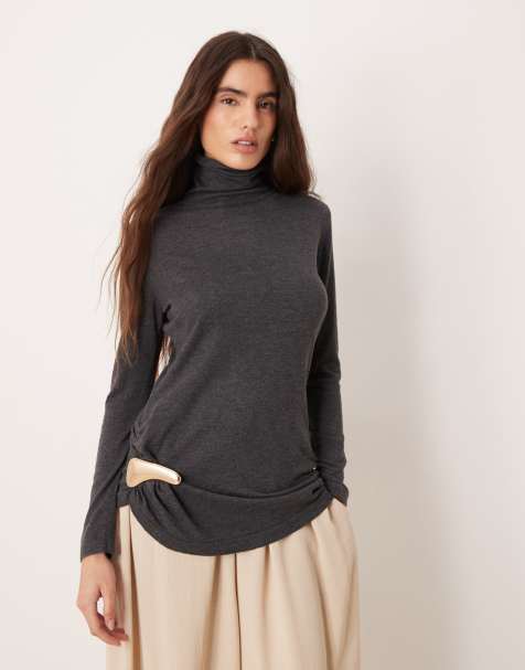 Mango roll neck ruched side knitted top in charcoal