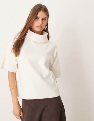 Mango Mango roll neck short sleeve knitted top in beige-Neutral