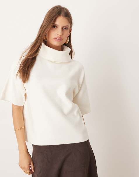 Mango roll neck short sleeve knitted top in beige - view 1