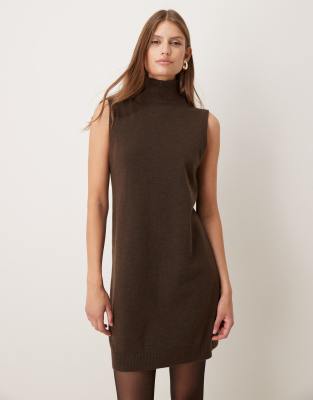 Mango Mango roll neck sleeveless mini dress in brown