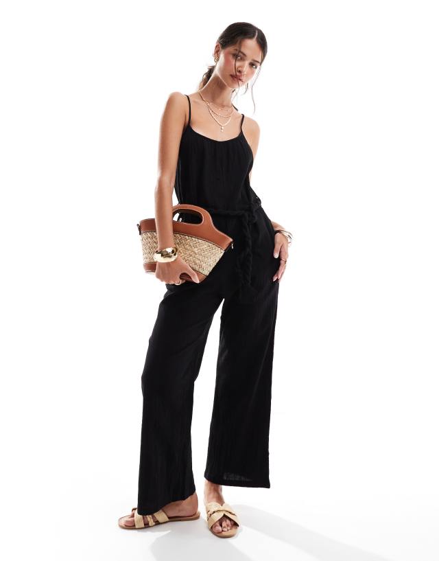 Mango - rope tie waist cheesecloth jumpsuit in black