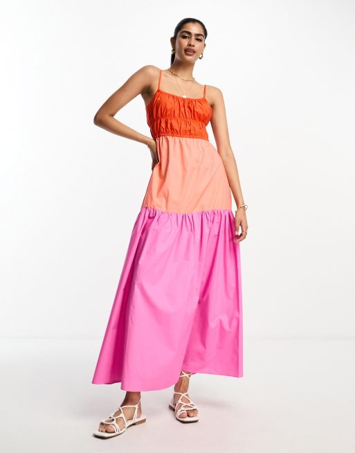 Mango – Rosa midiklänning med färgblock och ryschad design