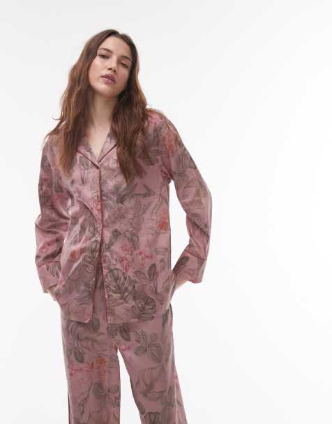 Mango – Rosa pyjamasskjorta i satin med växttryck, del av set - view 1