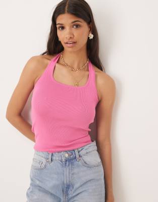 Mango – Rosa, tätstickad topp med halterneck - view 1