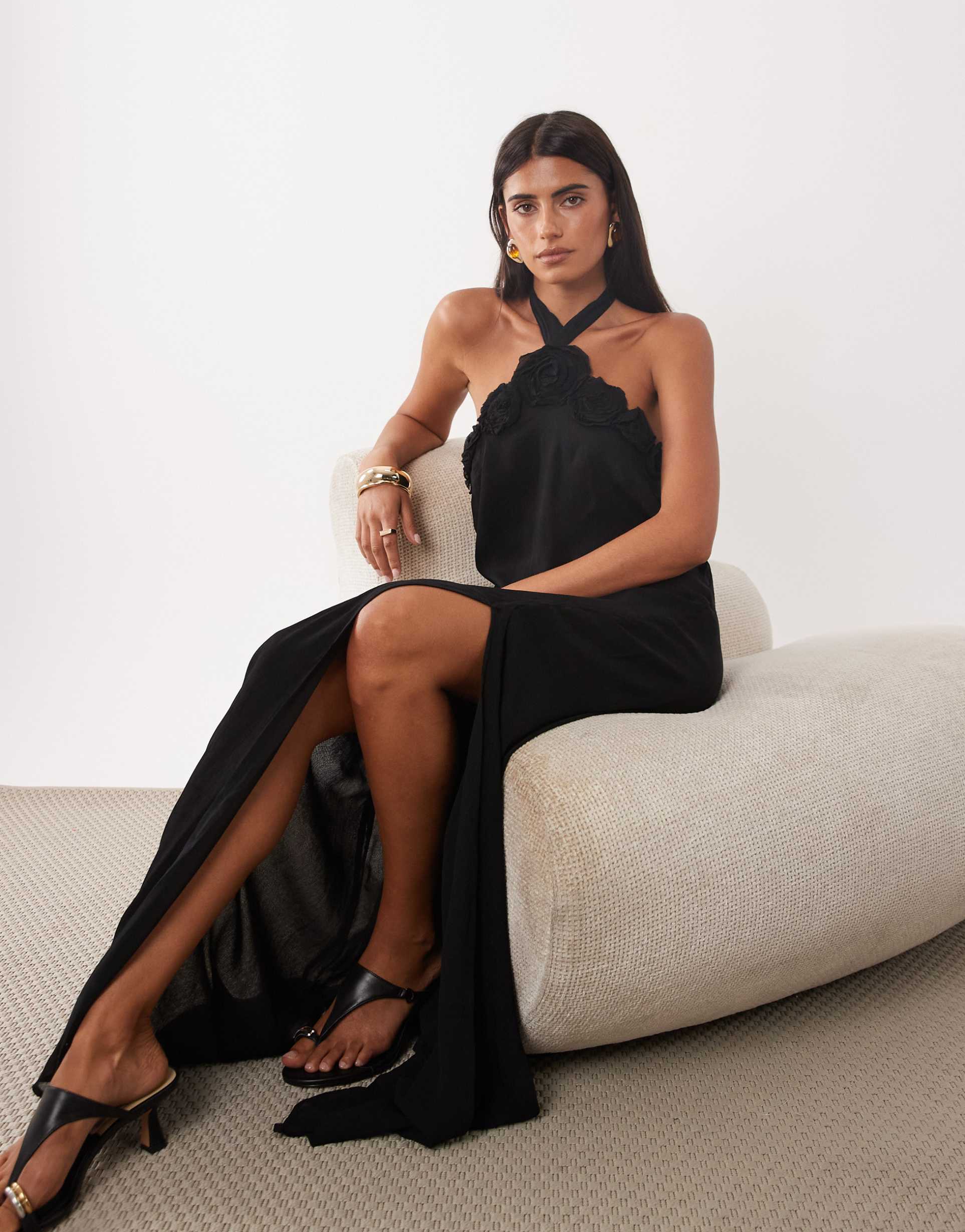 mango rose detail halterneck maxi dress in black