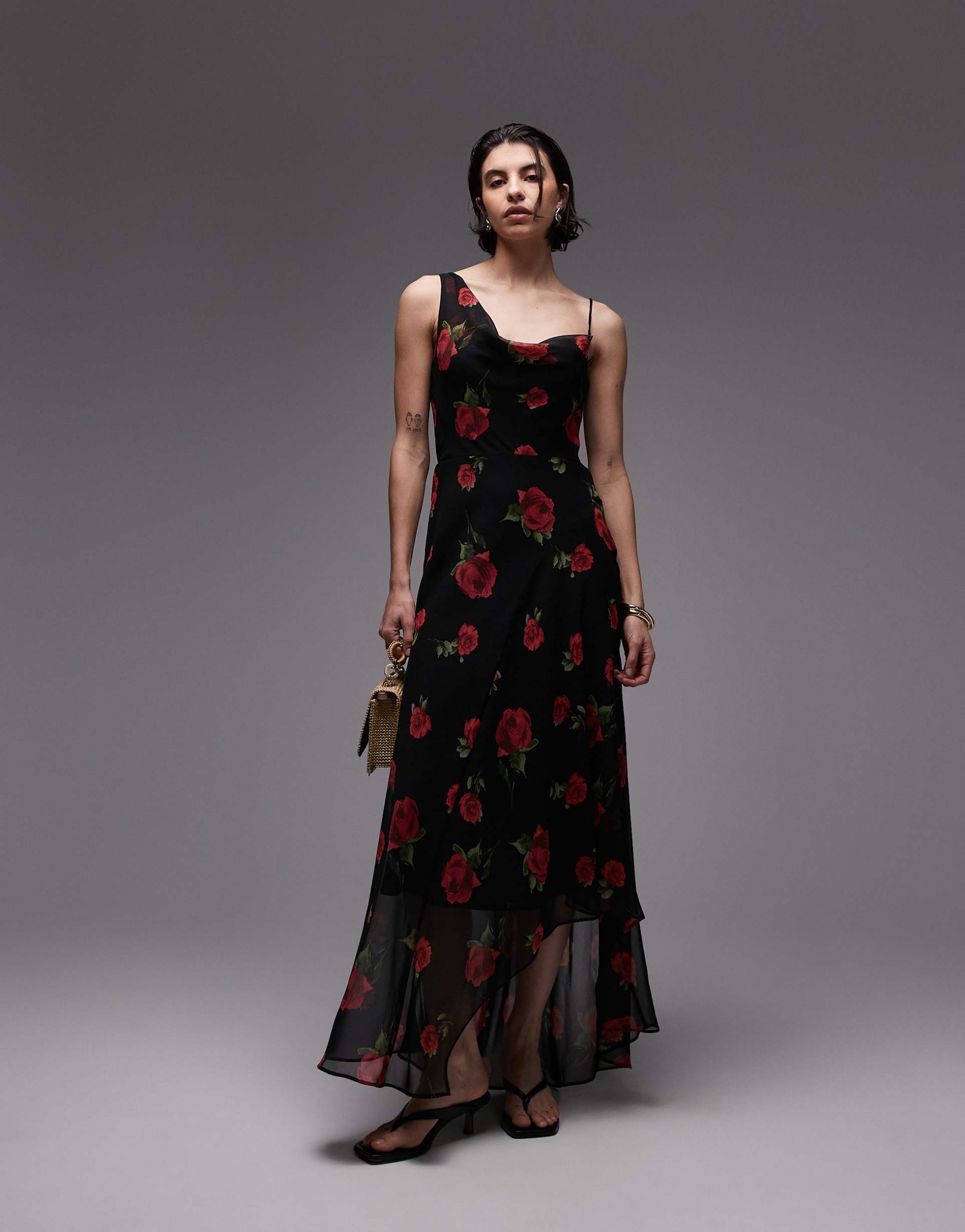 mango rose floral aysmmetric maxi dress in black