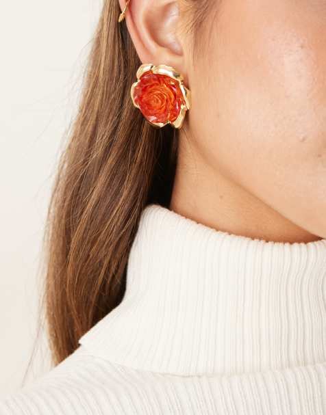 Mango rose studded earings in red - view 1
