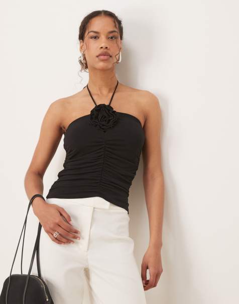 Mango rosette cut out detail halterneck top in black - view 1