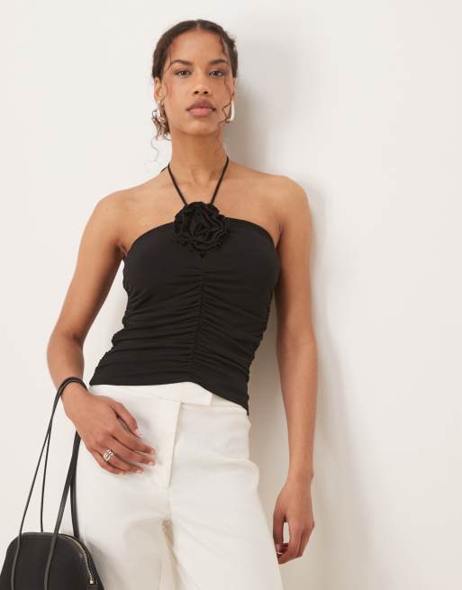 Mango rosette cut out detail halterneck top in black