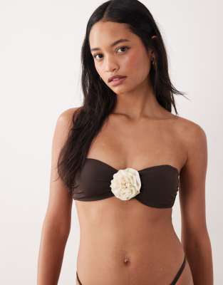 Mango Rosette Ruched Bandeau Bikini Top In Brown