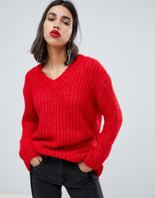 Mango Roter Oversize Strickpullover Mit V Ausschnitt Asos