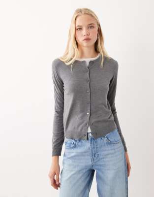 Mango Round Neck Cardigan In Gray