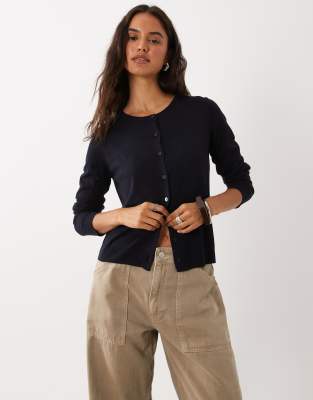 Mango Round Neck Cardigan In Navy