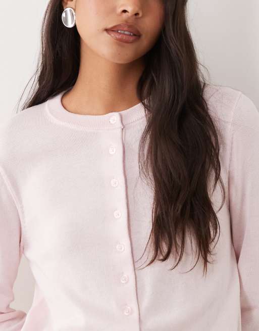 Mango round neck cardigan with lace trim in pastel pink, 2 of 4