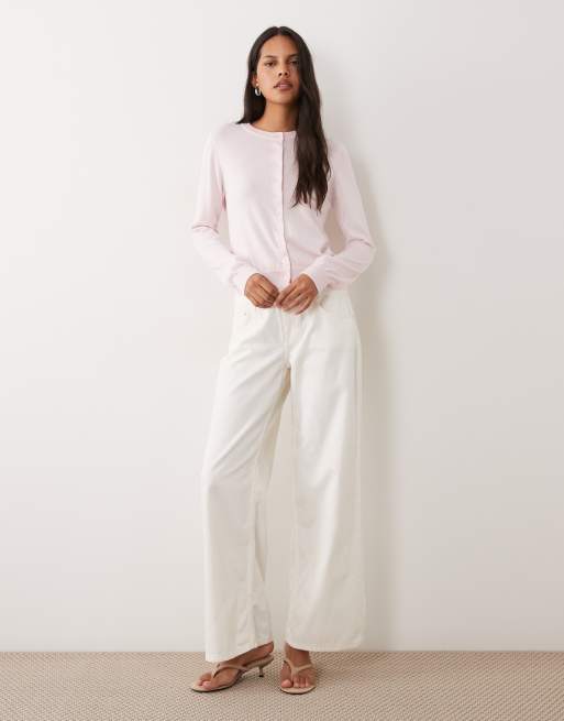 Mango round neck cardigan with lace trim in pastel pink, 3 of 4