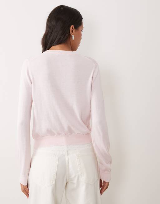 Mango round neck cardigan with lace trim in pastel pink, 4 of 4