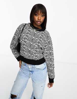 Mango round neck contrast collar zebra print sweater in black and