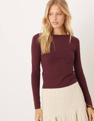 Mango round neck fine knit jumper in burgundy | ASOS