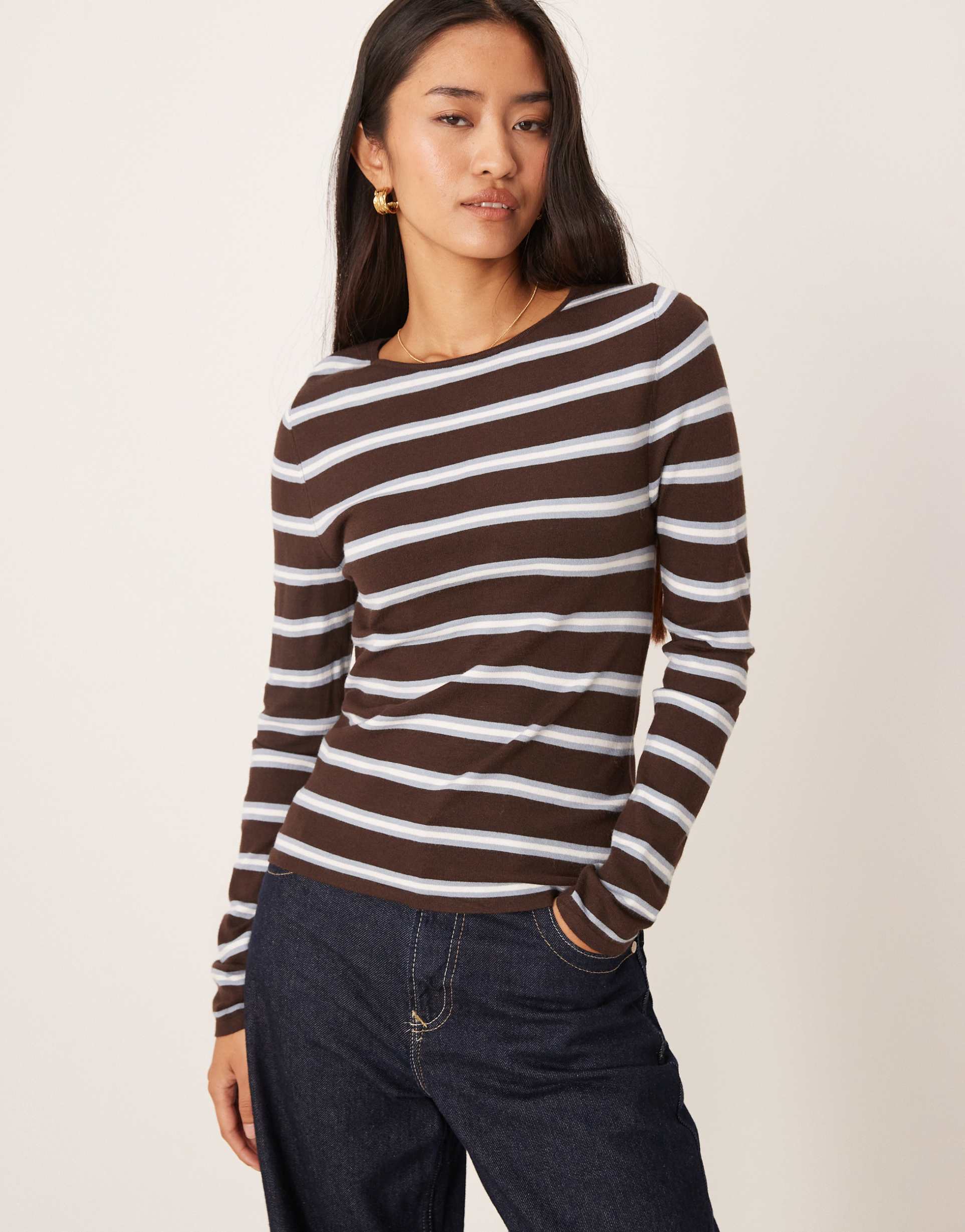 mango round neck fine knit top in brown and blue stripe