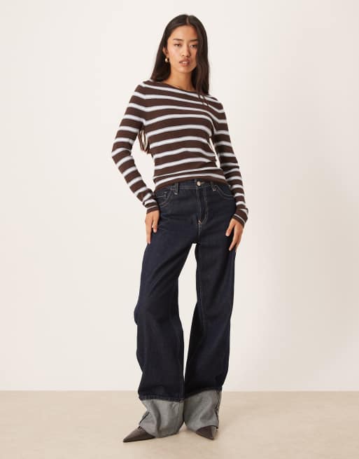 Mango round neck fine knit top in brown and blue stripe, 2 of 4
