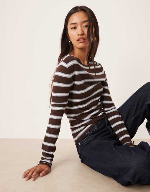 Mango round neck fine knit top in brown and blue stripe, 4 of 4