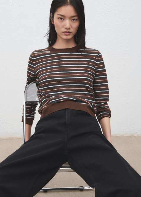 Mango round neck fine knit top in brown stripe - view 1
