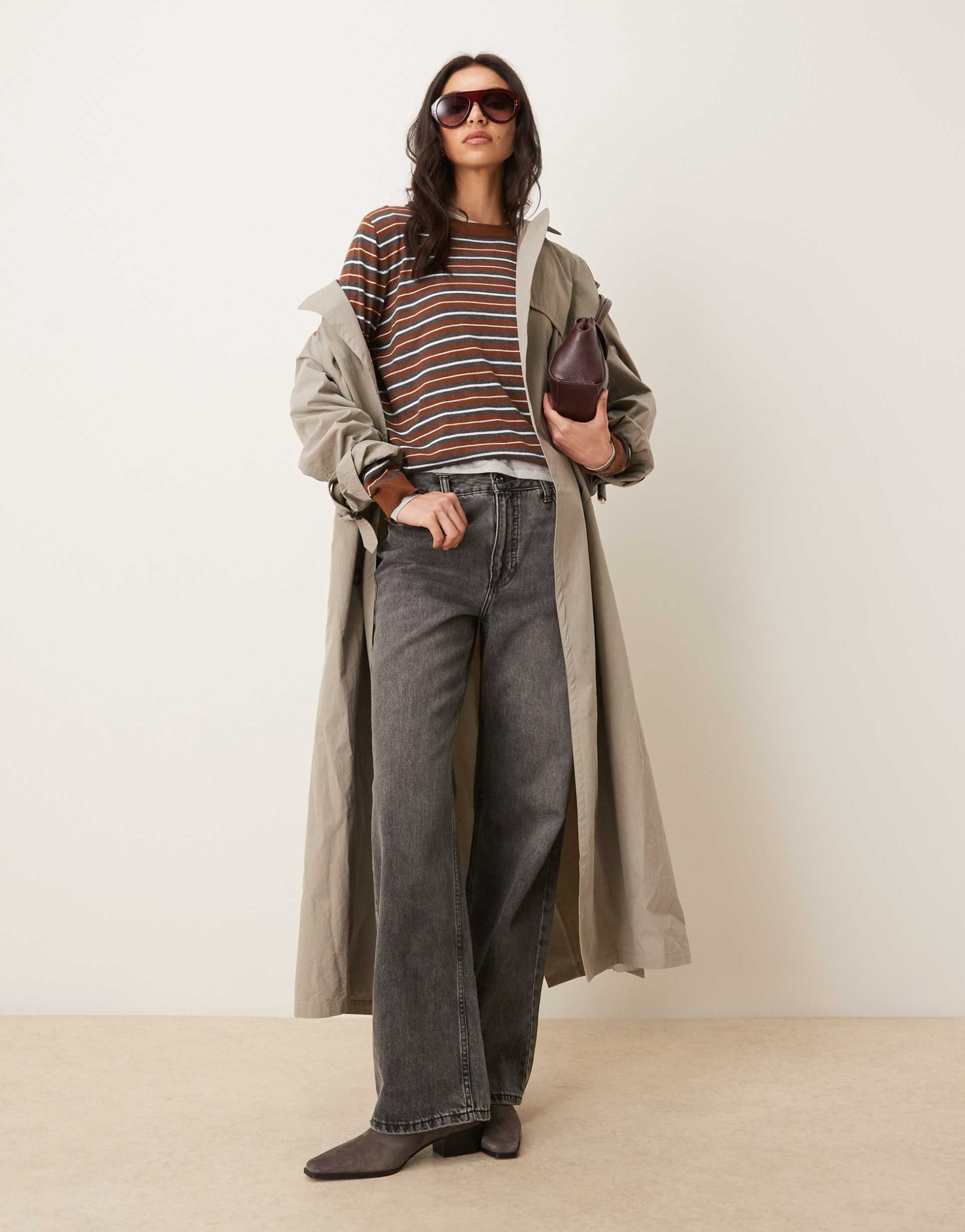 mango round neck fine knit top in brown stripe