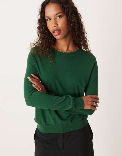 Mango round neck fine knit top in dark green - view 1
