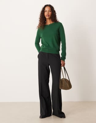 Mango Round Neck Fine Knit Top In Green