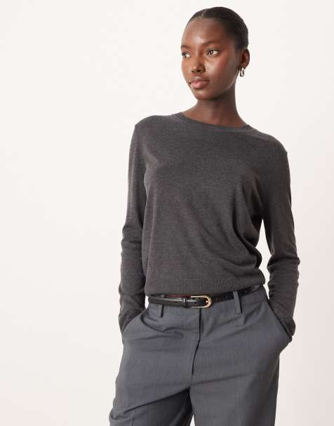 Mango round neck fine knitted top in charcoal - view 1