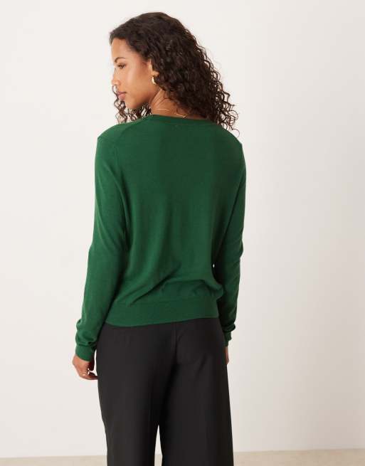 Mango round neck fine knitted top in dark green, 3 of 4
