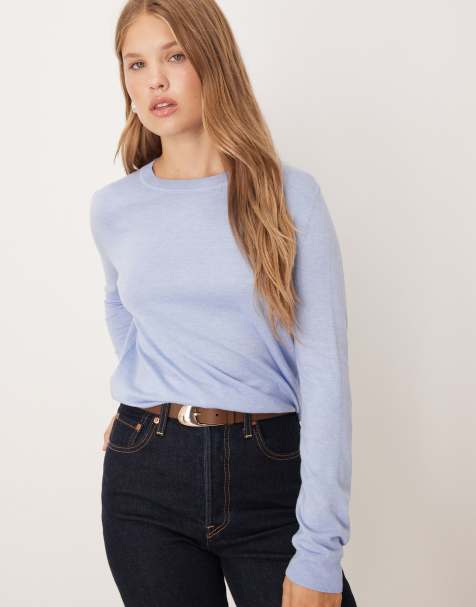 Mango round neck fine knitted top in pastel blue - view 1