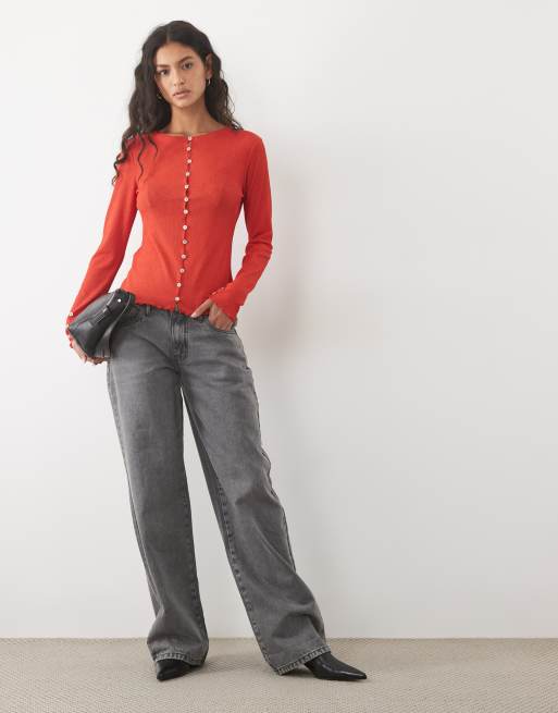 Mango round neck jersey cardigan in bright red, 2 of 4