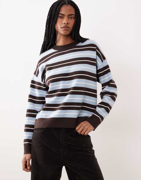 Mango round neck jumper in blue and brown stripe - view 1