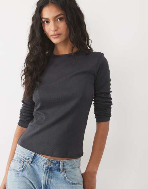 Mango round neck long sleeve t-shirt in charcoal - view 1