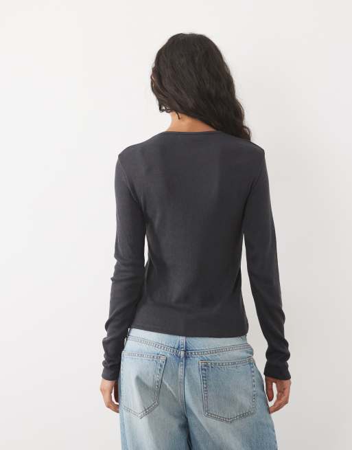 Mango round neck long sleeve t-shirt in charcoal , 4 of 4