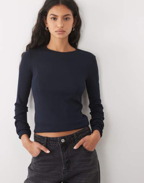 Mango round neck long sleeve t-shirt in navy